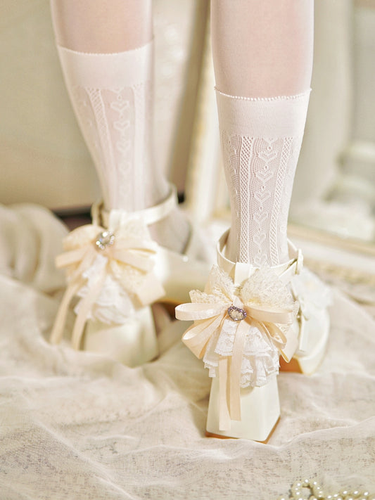 White Knotted Bow at Top Lace Trim Heart Buckles High Block Heels