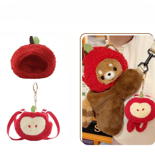 Cute Red Panda Brown 28/40 cm Plush Backpack/Crossbody Bag + Apple Hat + Red Panda/Apple Keychain