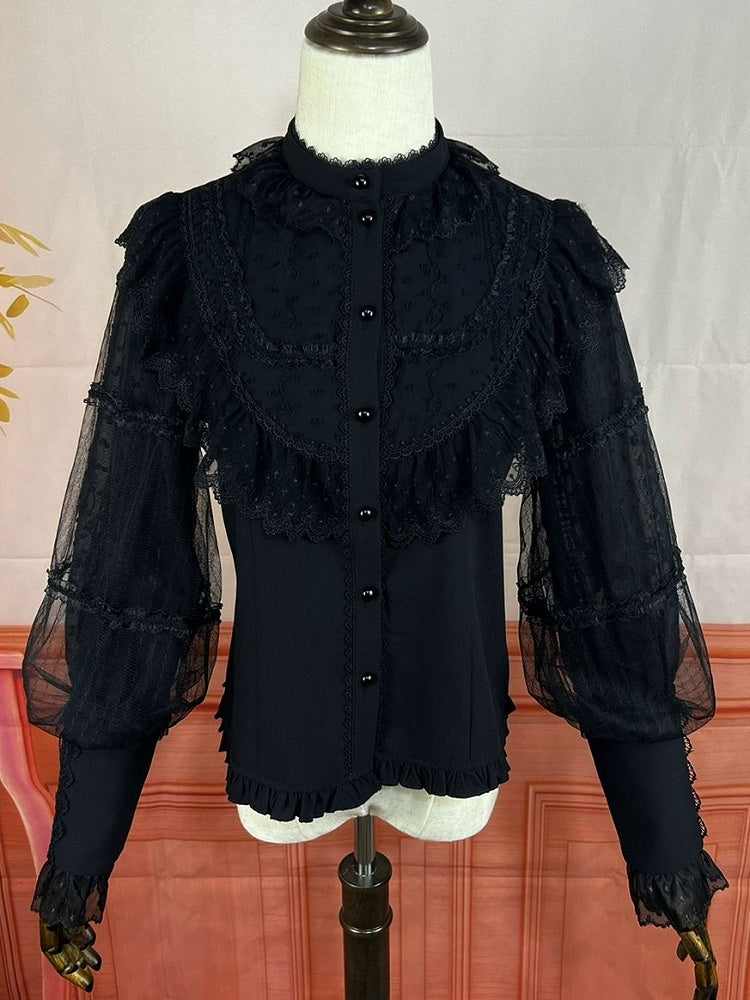 Black Vintage Shirt Leg-of-Mutton Sleeves Elegant Top