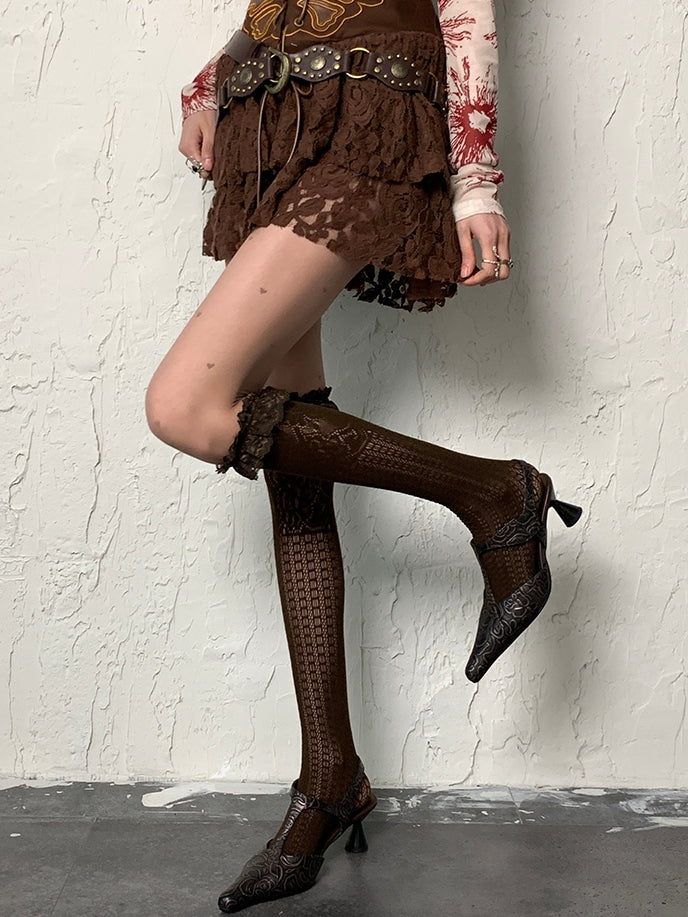 Brown Wasteland Punk Ruffled Cuff Stockings