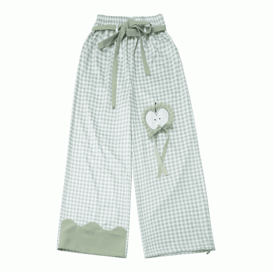 Green Plaid Pattern Apple Embroidery Drawstring Cuffs Casual Pants with Self-tie Belt
