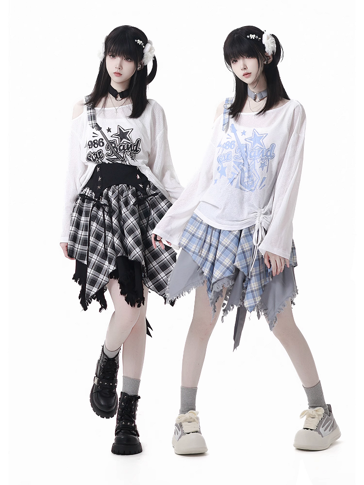 Blue/Black Guitar Print Asymmetrical Neckline Coverup with Free Choker