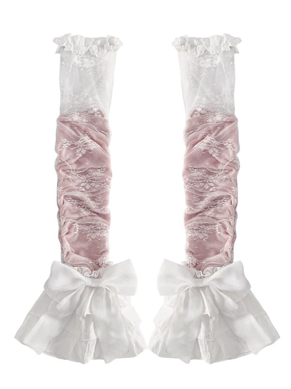 Lace Details Pink/Blue Bowknot Leg Sleeves with Tiered Cuffs