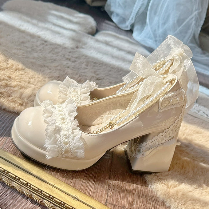 Beige Bow Accent Detachable Beaded Chain Lolita Block Heels