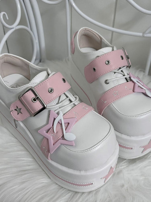 Pink Jirai Kei Star Design Buckle Strap Platform Shoes