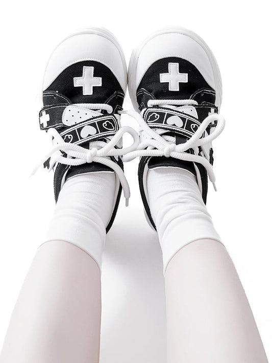 Black Yami Kawaii Cross Applique Crisscross Velcro Strap Closures Platform Sneakers