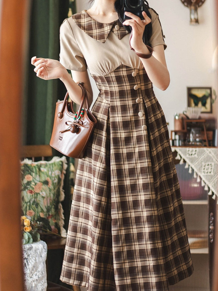Slimming Dark Brown Retro Fashion Short Sleeves Plaid Dress