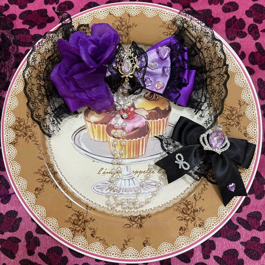 Two Black&Purple Floral Design Rhinestone Heart Decorated Bead Chain Bowknot Hairclips