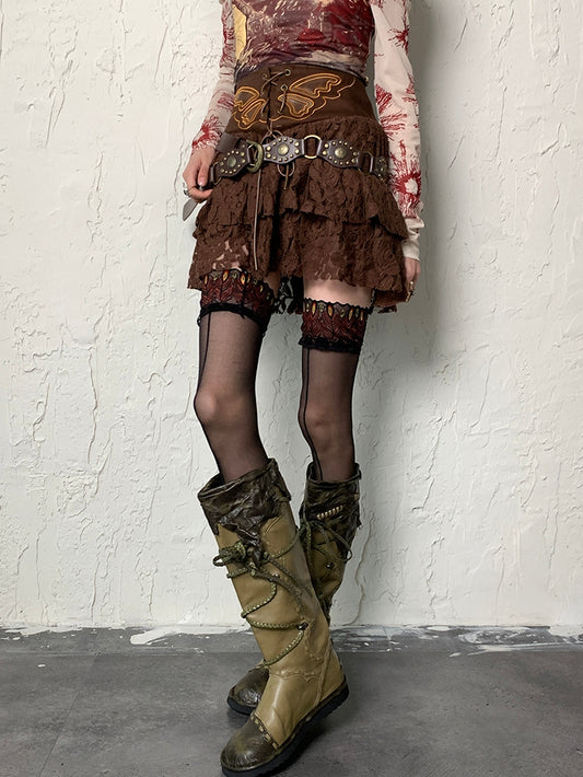 Black Y2K Peacock Feather Pattern Lace Trim Overknee Stockings