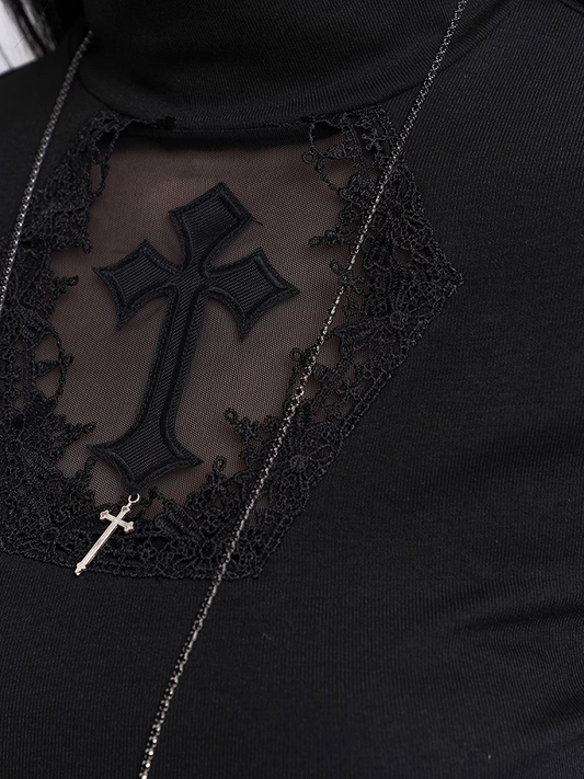 Black Mock Neck Coffin-shaped Cutout Cross Applique Mesh Sleeves Gothic Top