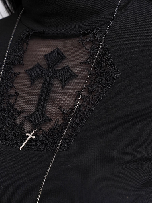 Black Mock Neck Coffin-shaped Cutout Cross Applique Mesh Sleeves Gothic Top