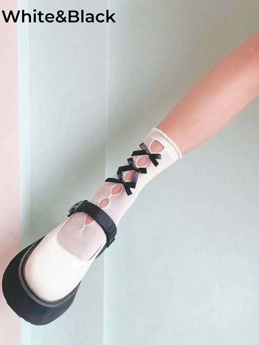 6 Colors Bowknots Cutout Lolita Calf Socks