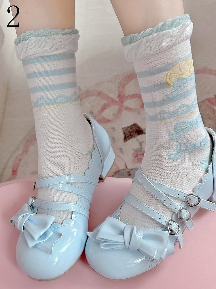 Blue Lemon Bowknot Print Ruffle Trims Sweet Lolita Calf Socks