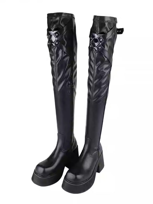 Matte Black Heart-shaped Cutout Detail Gothic Thigh-high Boots