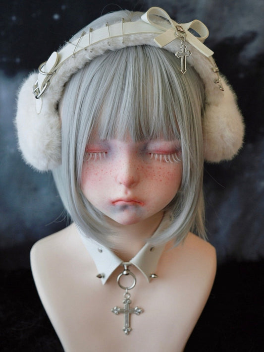 White Handmade Cross Pins Bow Plush Heart-shaped Earmuffs