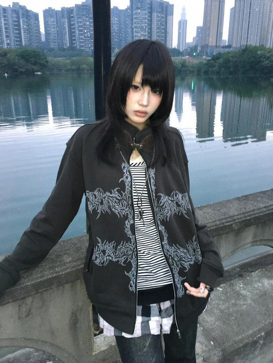 Dark Gray Stand Collar Zip-Up Hoodie with Punk Graphic Print
