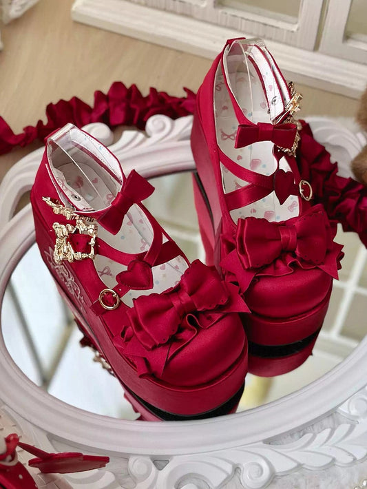 Wine Red Bear Buckle Straps Bowknot Platform Shoes with Bear Embroidery