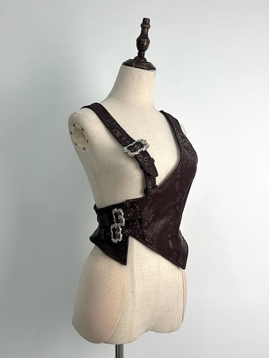 Steampunk Brown Asymmetrical Design Snakeskin-grain Leather Waistcoat