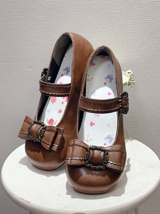 PU Brown Elegant Lolita Mary Janes - Round Toe Low Heel with Bow Accent & Picture Frame Decor