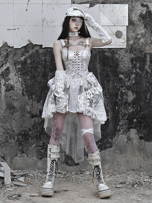 Grey Punk Corset Bodice Dress with Detachable Tulle Train