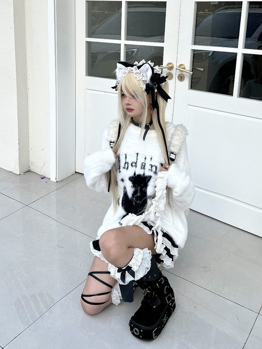 Black/White Plush Sweater with Devil Kitten Design and Distress Trim