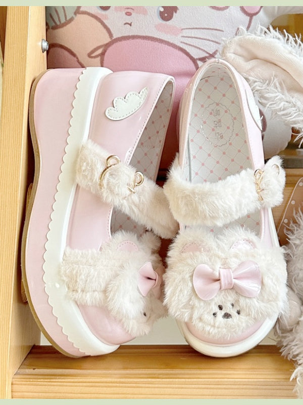 Pink Bowknot Decorated Plush Bear Lolita Platforms With Bear Buckle