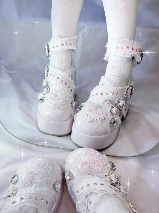 Jirai Kei Pink Platform Heels: Criss-Cross Buckle Straps with Lace & Rhinestone Decor - Chunky High Block Heel