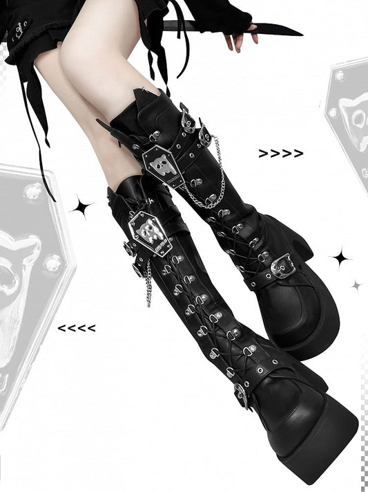 Ghost Cat Black High Block Heel Boots with Detachable Chain
