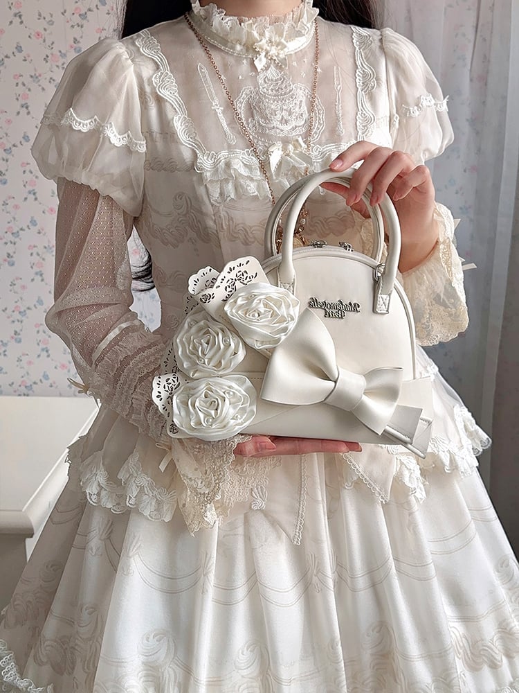Creamy White Roses Big Bowknot Shell Bag