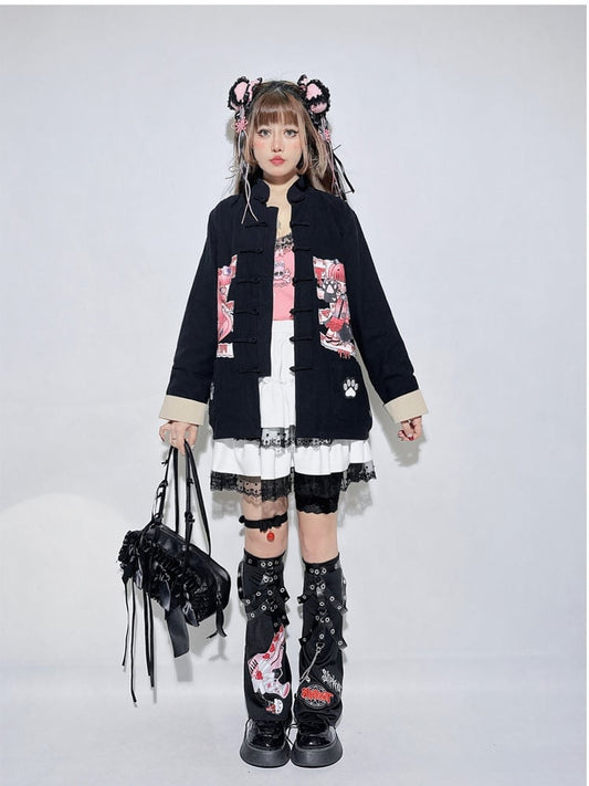 Black Cartoon Print Chain PU Strap Design Leg Warmers