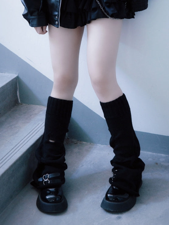 PU Buckles Gothic Black Distressed Holes Leg Warmers