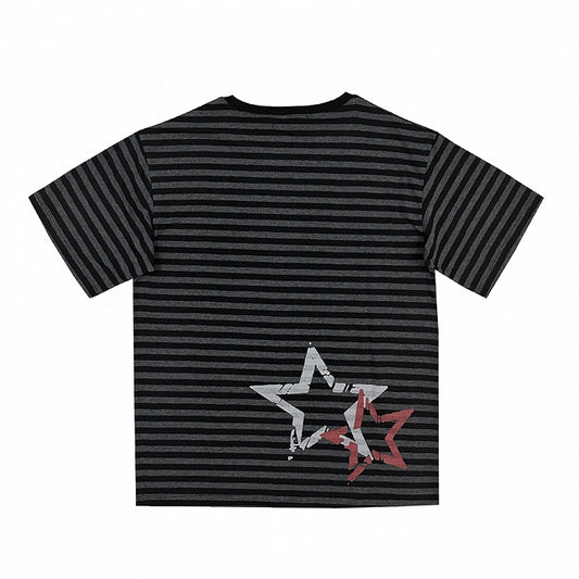 Black & Gray Stripe Pattern Skeleton Print T-shirt