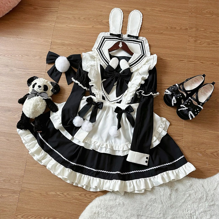 Bunny Ears Sailor Collar Black Short Sleeves Maid Lolita Dress with White Apron