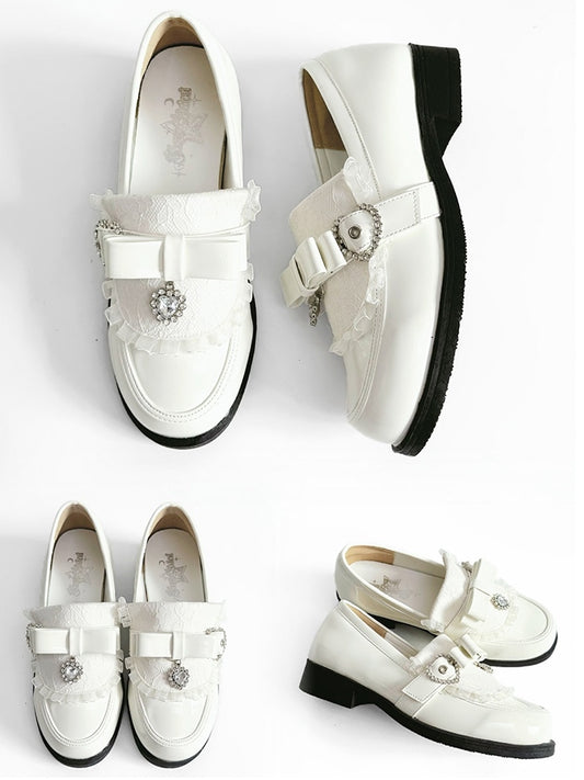 Rhinestone Heart Details & Bow Accent PU Polished White Low-heel Loafers in Jirai Kei