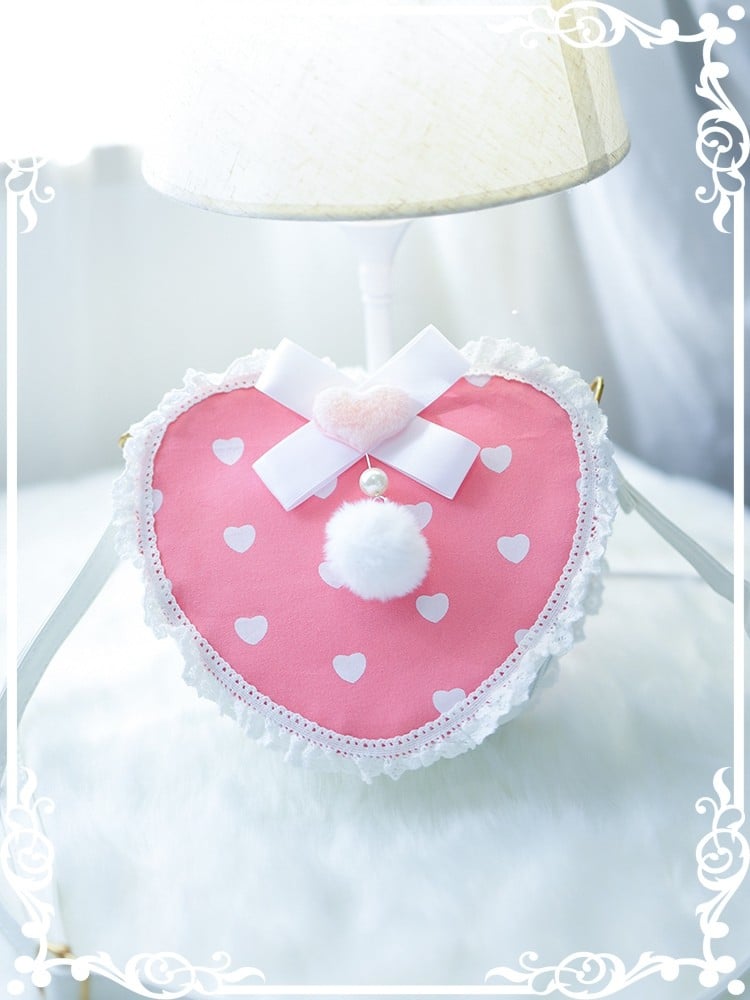 Pink Heart Pattern Beaded Decorated Plush Bunny Design Heart-shaped Crossbody Bag With Pompon