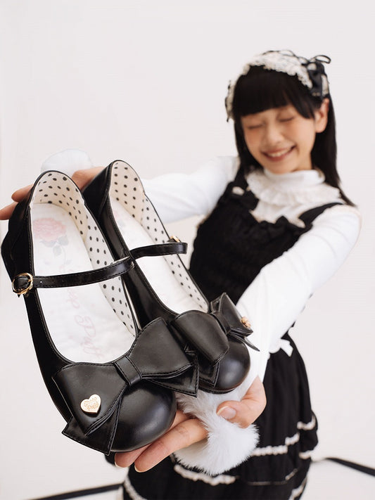 Bow at Top Black Round Toe 3cm Heel Sweet Mary Jane Shoes