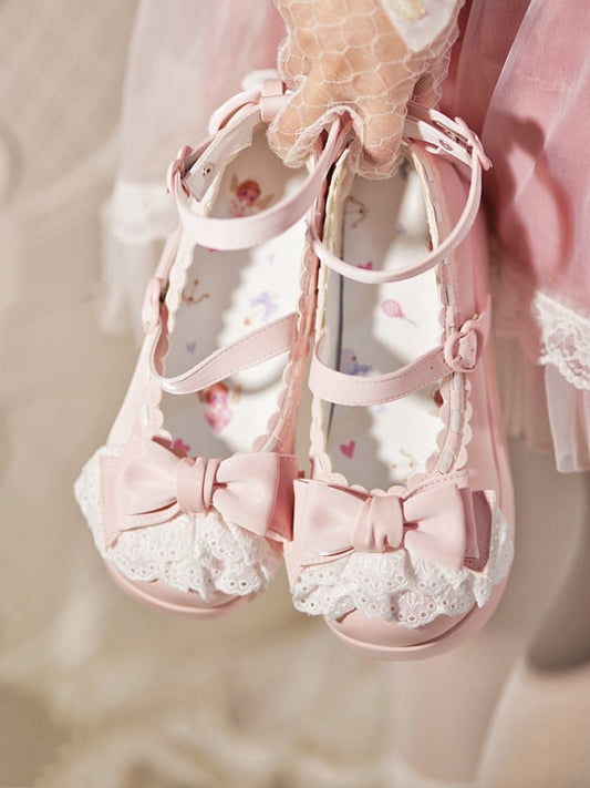 Baby Pink Bow at Top Lace Trim Heart Buckles Platforms