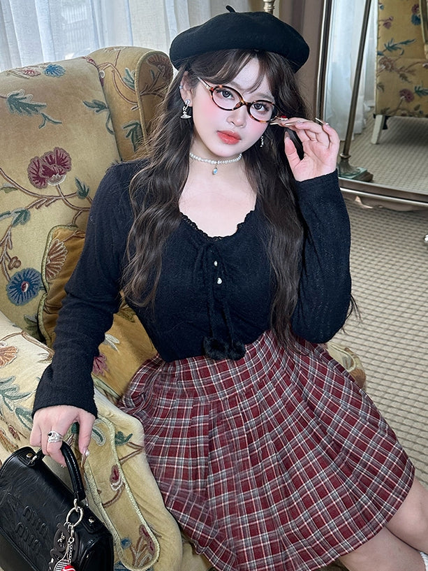 Plus Size Black Pompom Accents V-neck Long Sleeves Lace Top