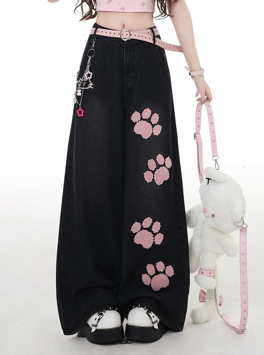 Pink Paw Embroidery Black Low Waist Straight-Leg Jeans