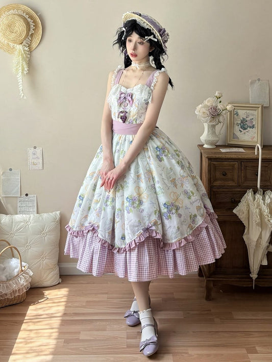 Blueberry and Ice Cream Print Lolita Dress Purple Gingham Hemline