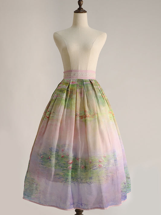 Water Lily Oil Painting Print Pink and Green High Waist Skirt Long/Short Version