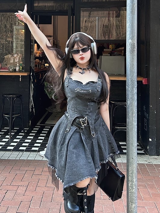 Plus Size Y2K Dark Grey Asymmetrical Hem High Waist Denim Skirt with Free Belts