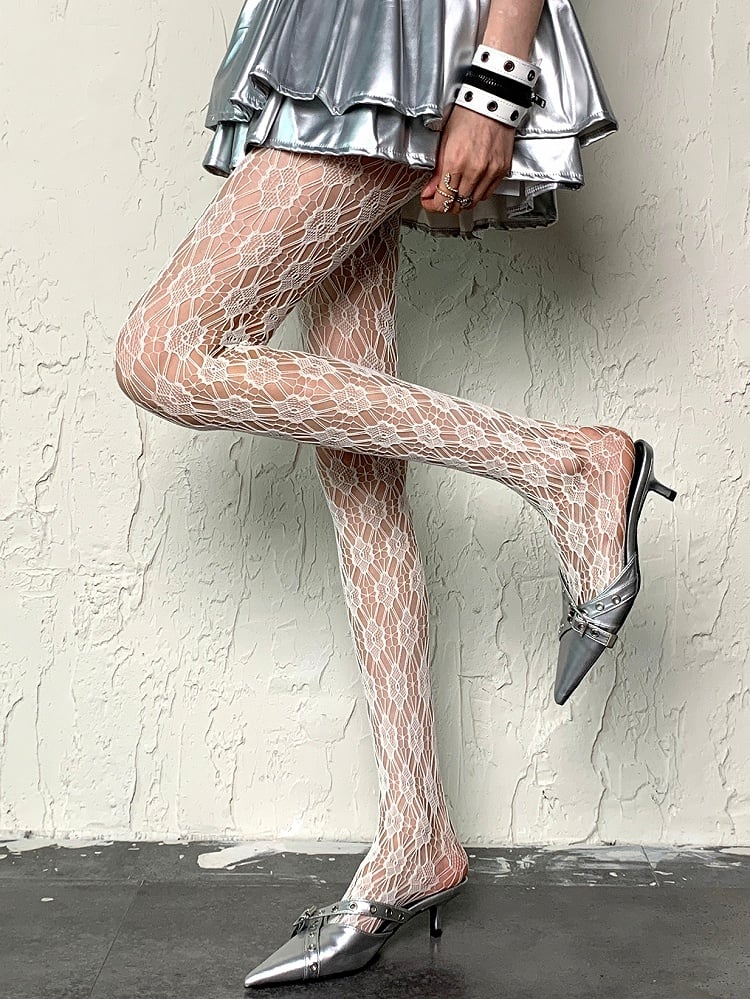 White Y2K Cut-out Design Floral Pattern Tights
