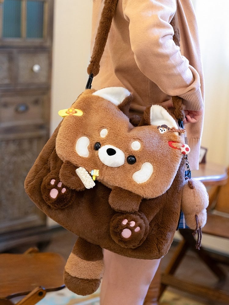 Brown Red Panda-shaped Plush Fold-over Flap Backpack Bag Middle/Large Size