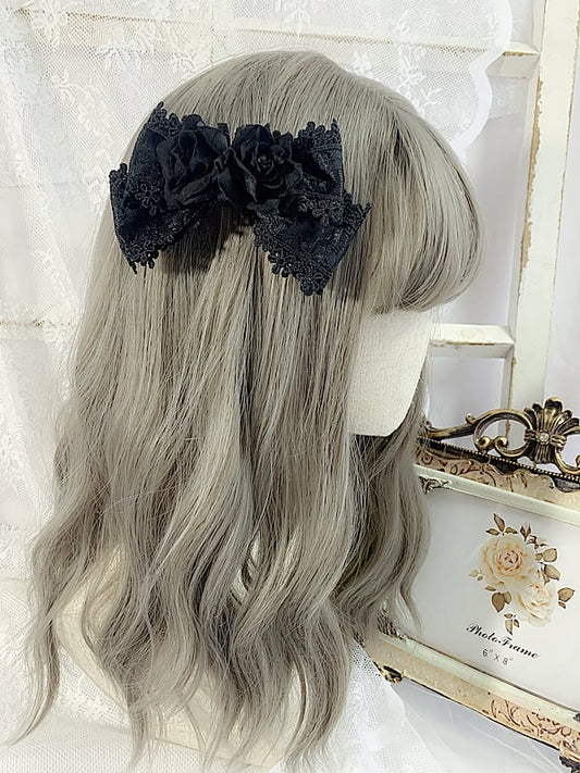 Black/Wine Red Floral Design Gothic Elegant Bowknot Hairclip/Tie