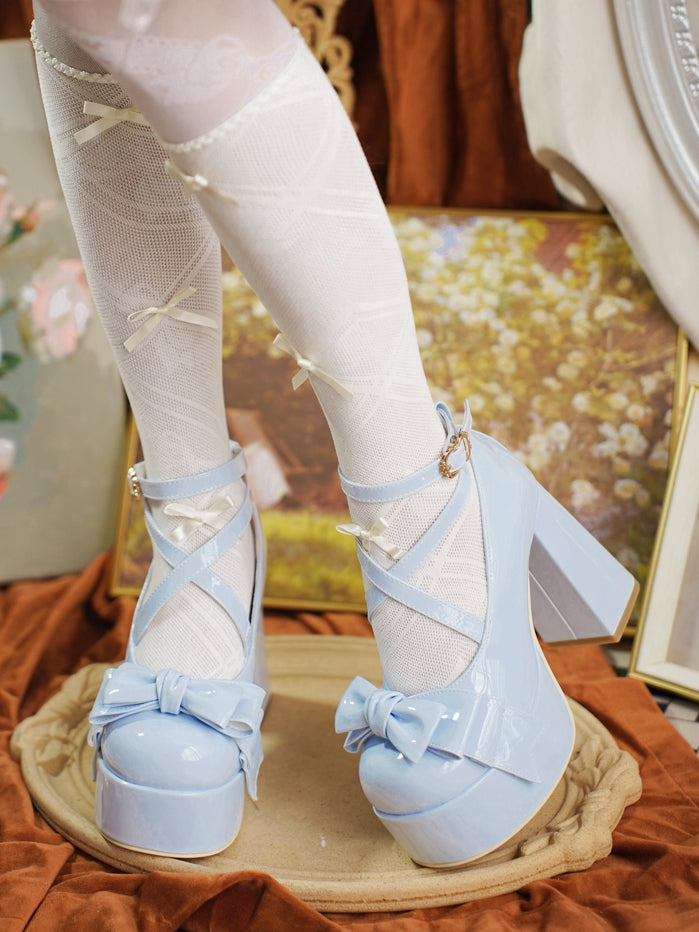 Crisscross Ankle Strap Blue Bow at Top 11cm High Heels