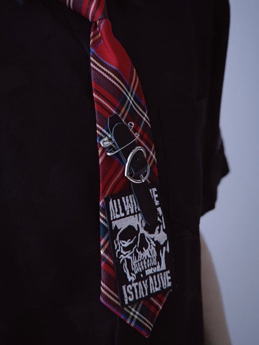 Red Plaid Pattern With Skull Applique Decorated Heart Buckle Tie