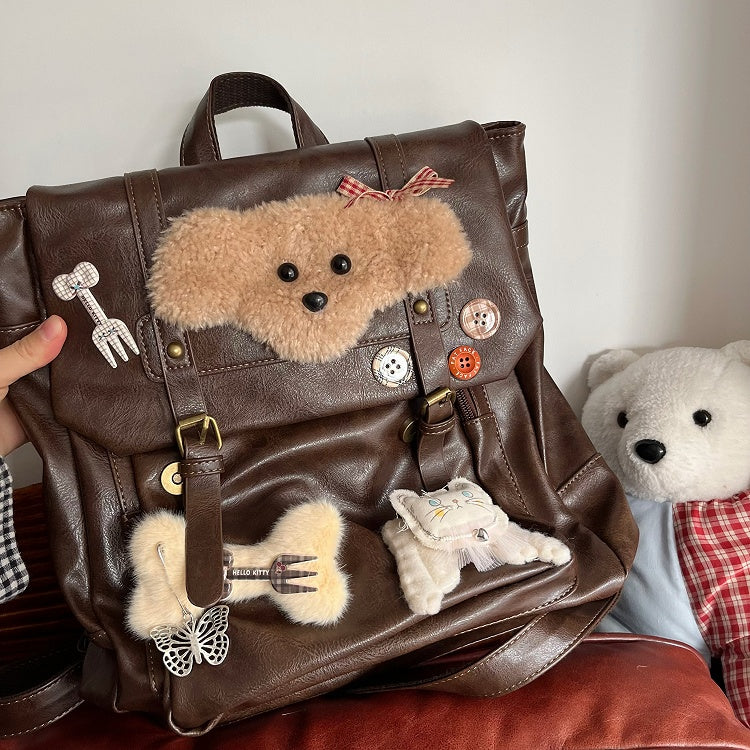 Vintage Brown Y2K Backpack | Preppy Style with Fold-Over Flap & Plush Puppy