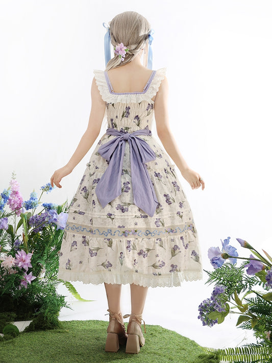 Purple Iris Embroidery Beige Off-the-shoulder Neckline Jumper Skirt