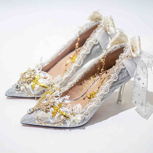 Silver Cross and Detachable Chain Bow Accent Glittering 7.5CM/10.5CM Hime Lolita High Heels
